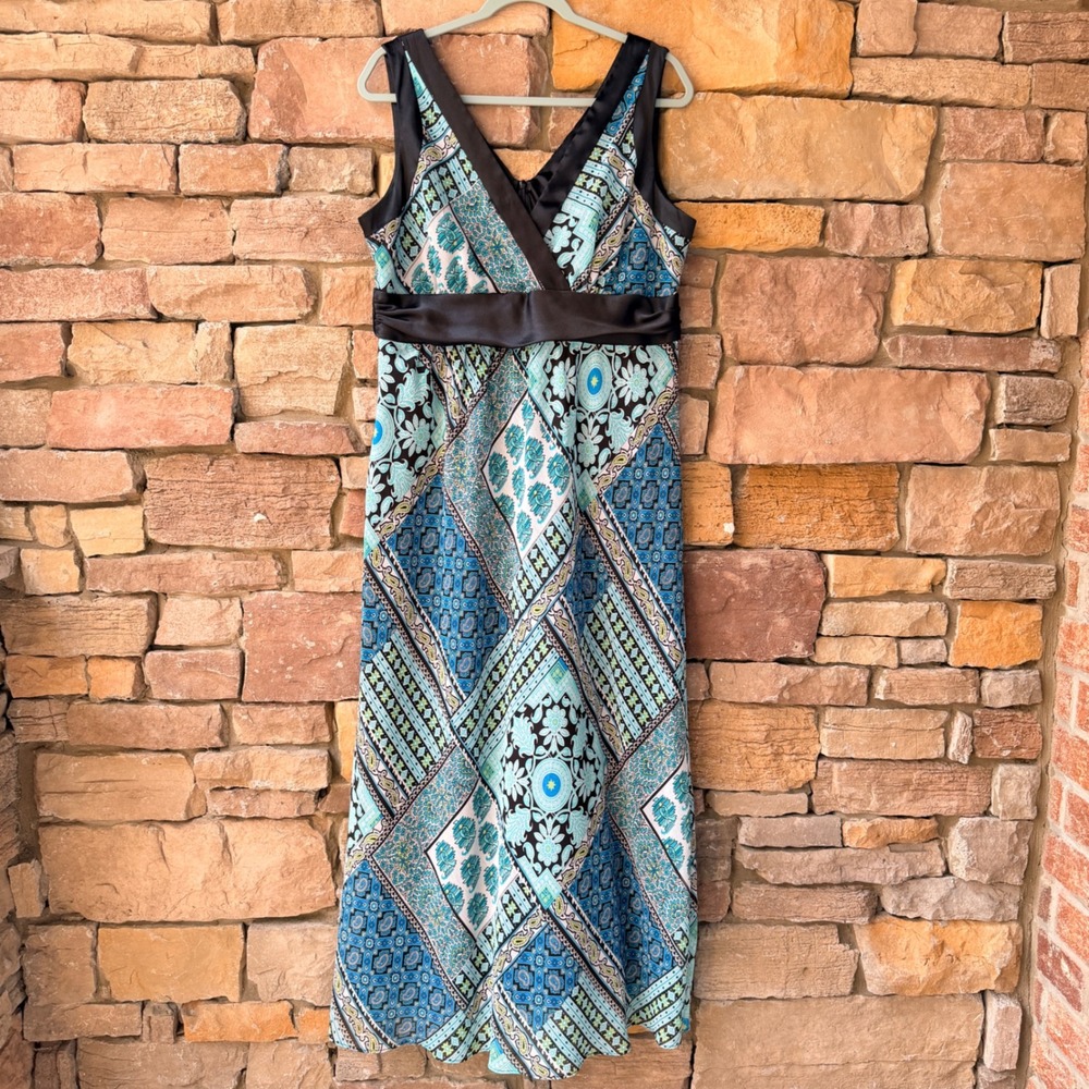 Y2K VTG 16 Patchwork Paisley Satin Trim Empire Waist Babydoll Maxi Dress Boho